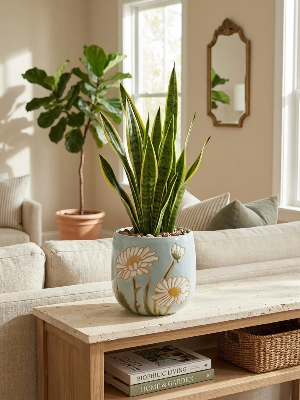 Handmade Ceramic Daisy Planter with Drainage Hole, Cute Light Blue flower pot